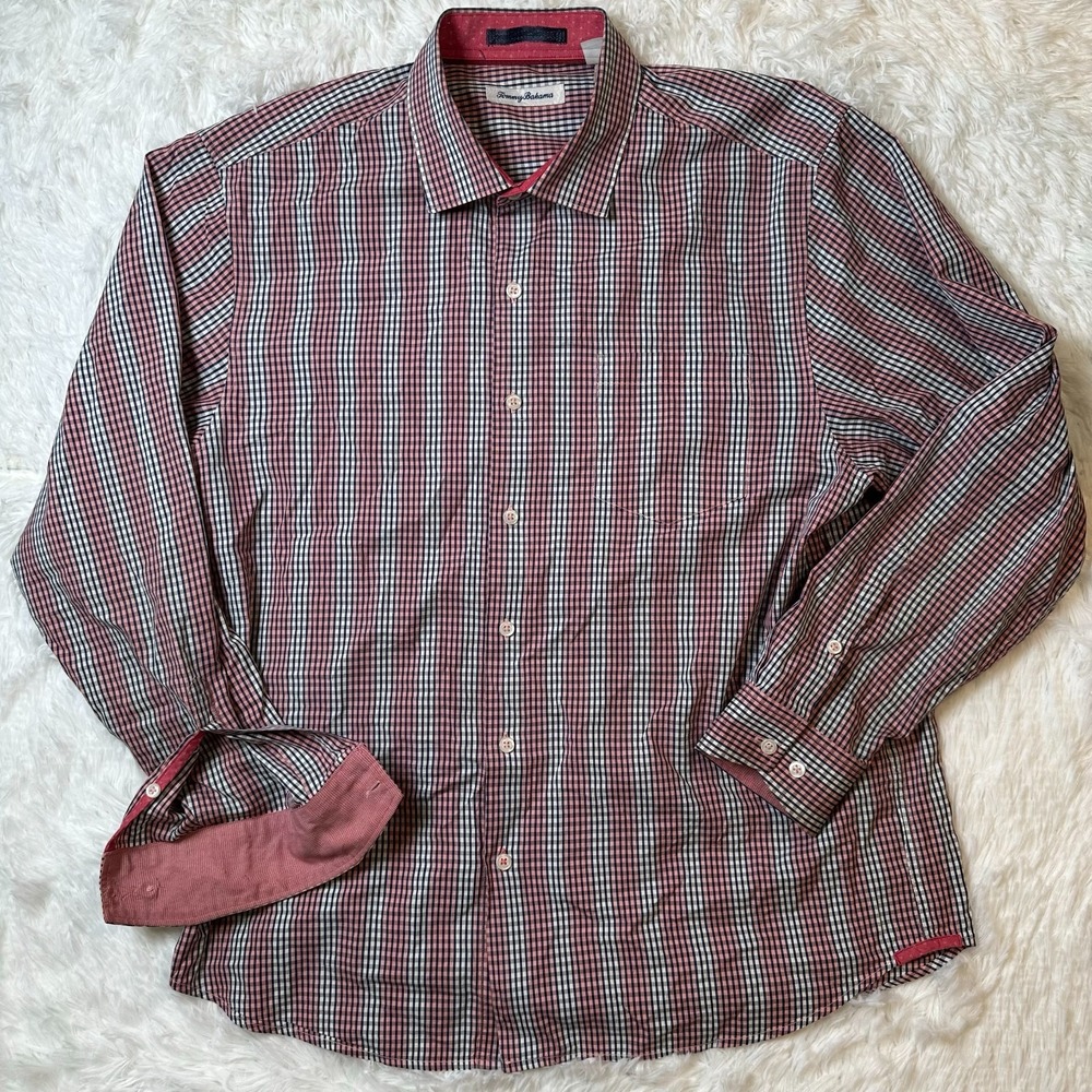 Tommy Bahama Mens Large Pink Check Button Up Shirt Flip Cuff Silk Blend Sport